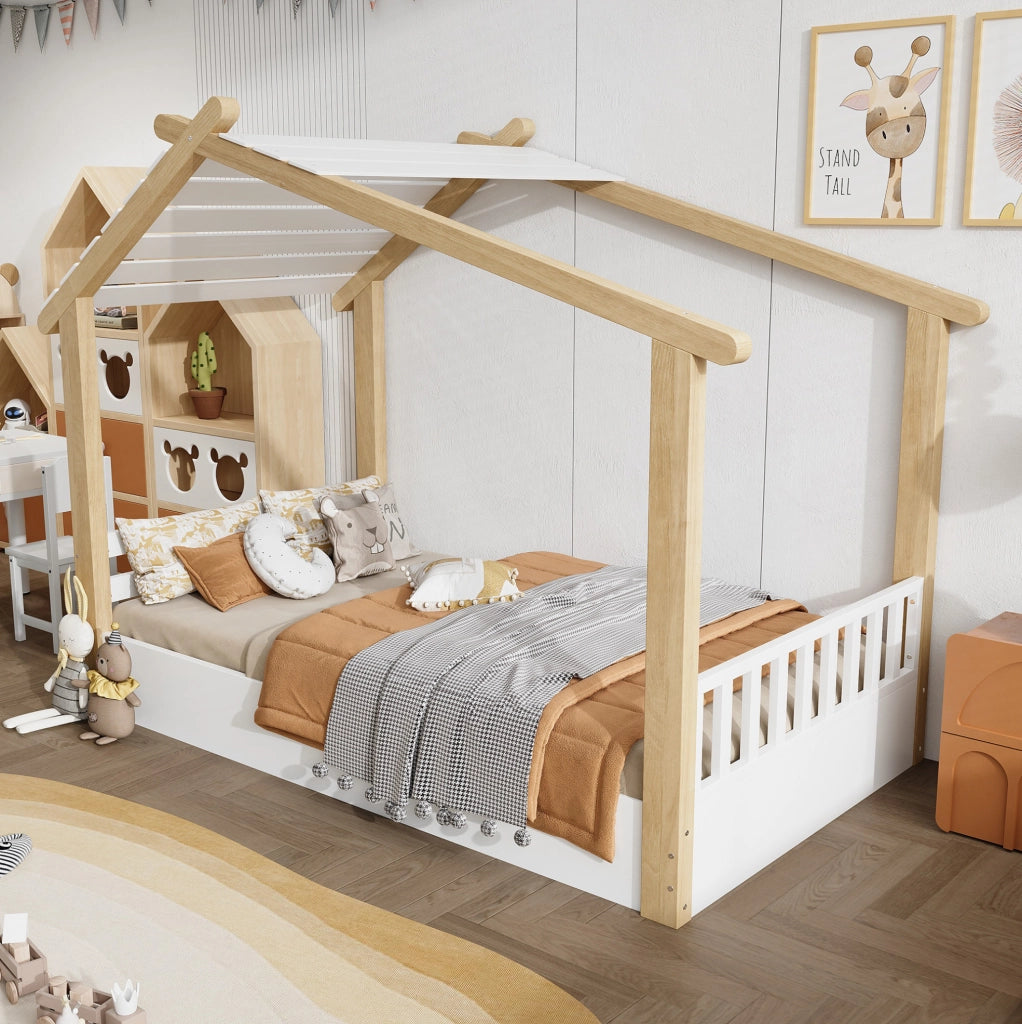 Letto per bambini a casetta 90x200 cm in legno bianco e naturale