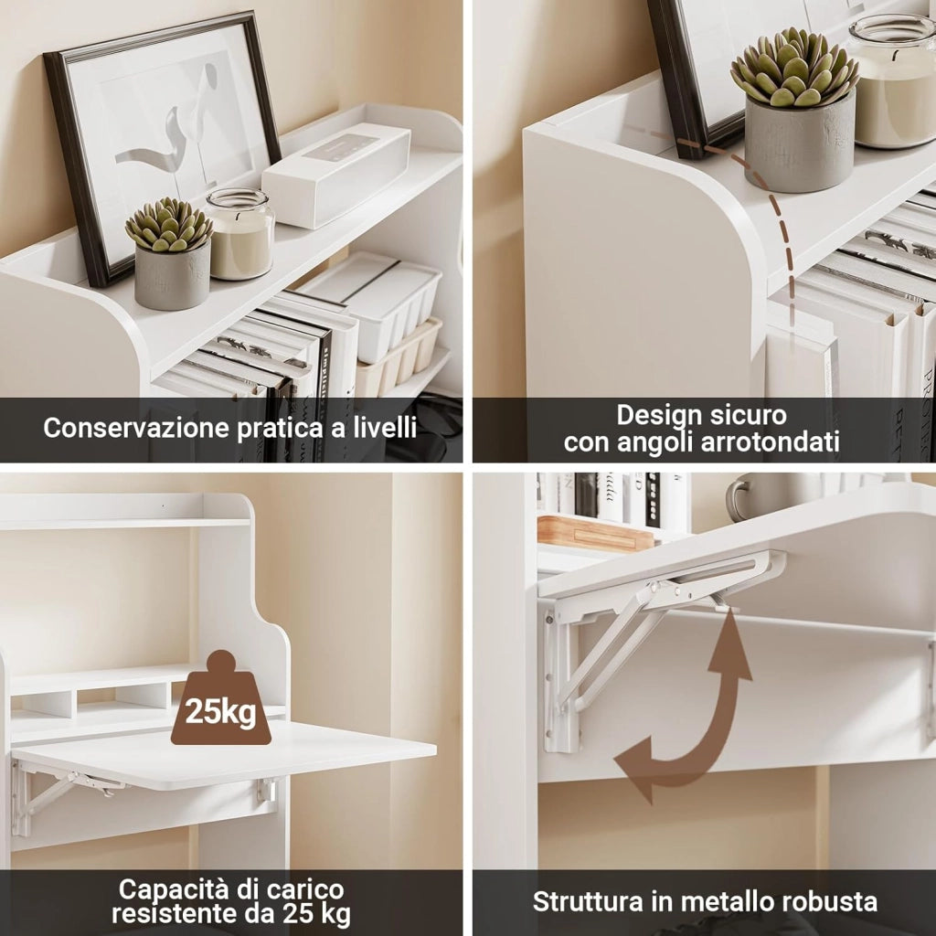 Scrivania Pieghevole a Muro Scrivania Salvaspazio Richiudibile con Scatola Portaoggetti con Ruote Tavolo Pieghevole Bianco 64x63x100,6 cm FWT105-II-W