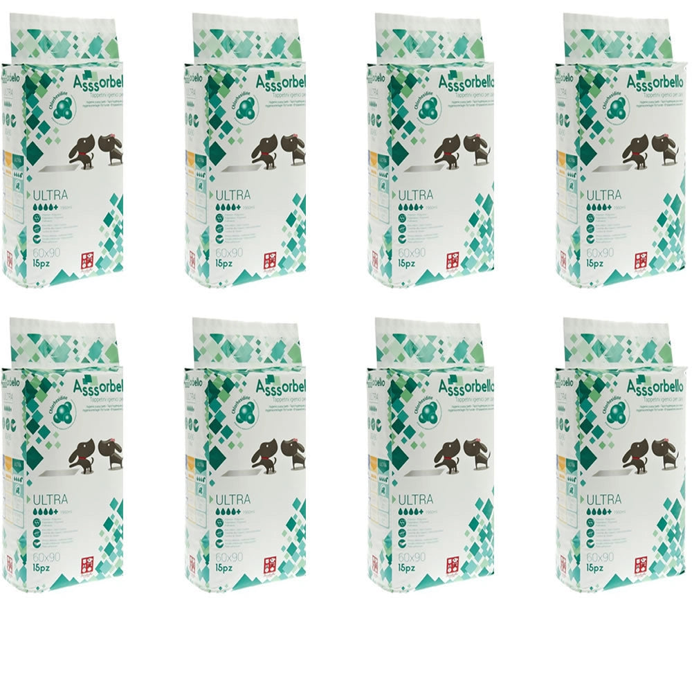 Multipack 8 confezioni da 15 pezzi assorbello tappetini igenici ultra per cani 60x90