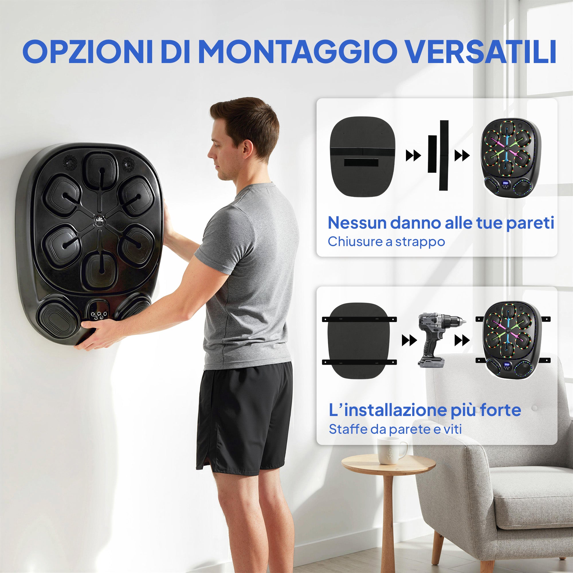 Macchina da Boxe a Parete con 9 Modalità Luci LED e Connessione Bluetooth 61x48x11 cm Nero