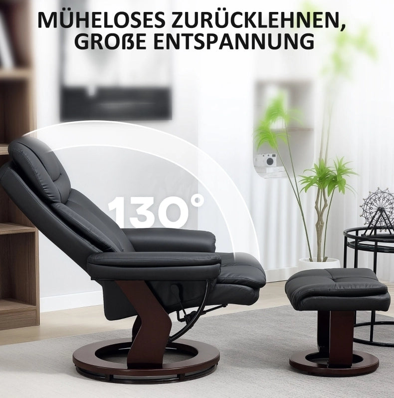 Poltrona relax girevole con poggiapiedi, reclinabile 130°, nera
