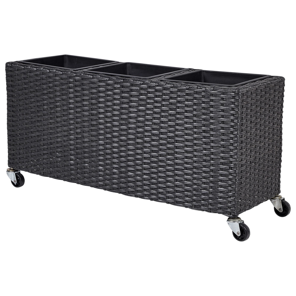 Vaso per piante su ruote in finto PE Rattan nero con 3 inserti interni ed esterni
