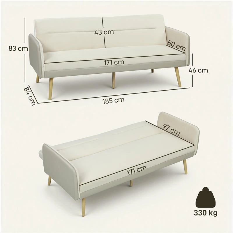 DIVANO LETTO 3 POSTI CON SCHIENALE RECLINABILE E RIVESTIMENTO EFFETTO VELLUTO, 185X84X83 CM, BEIGE