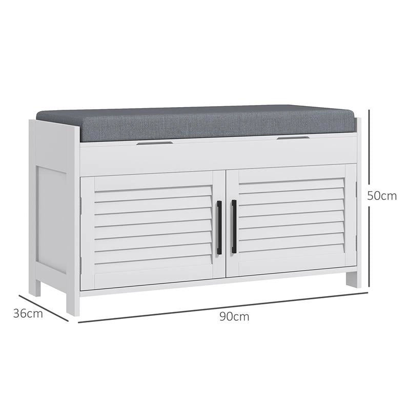 PANCA SCARPIERA CON RIPIANO INTERNO REGOLABILE SU 3 LIVELLI, IN MDF E SIMIL LINO, 90X36X50 CM, BIANCO E GRIGIO