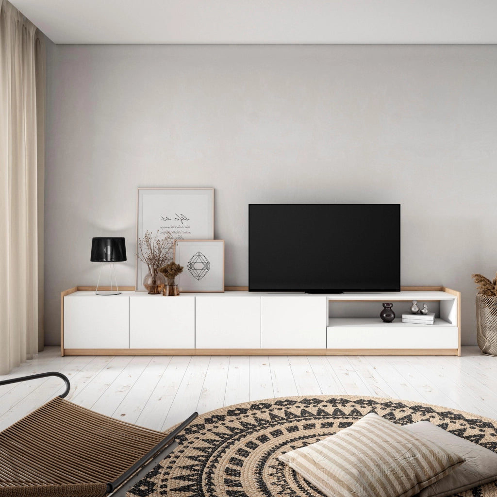 Mobile TV Soggiorno, 310x50x37 cm, Per TV fino a 80", Mobile Soggiorno, Bianco e Rovere soft