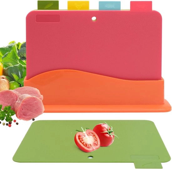 Set di 4 Snijplanken Flessibili Antiscivolo con Supporto di Ricarica e Simboli di Alimentazione, Inerte al BPA e Resistenti al Lavastoviglie