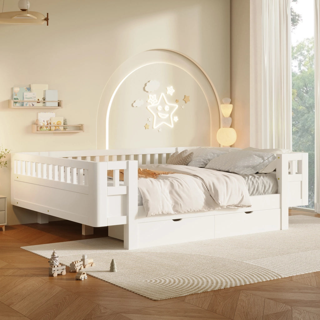 Letto a piattaforma per cameretta con spondine alte e due cassetti, in legno massiccio e MDF bianco 140 × 200 cm