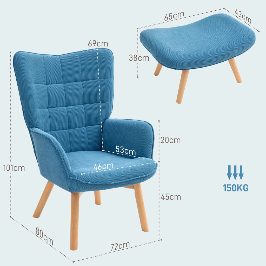Poltrona Relax con Poggiapiedi in Cord ¨C Zephmum ¨C Blu, Gambe in Legno