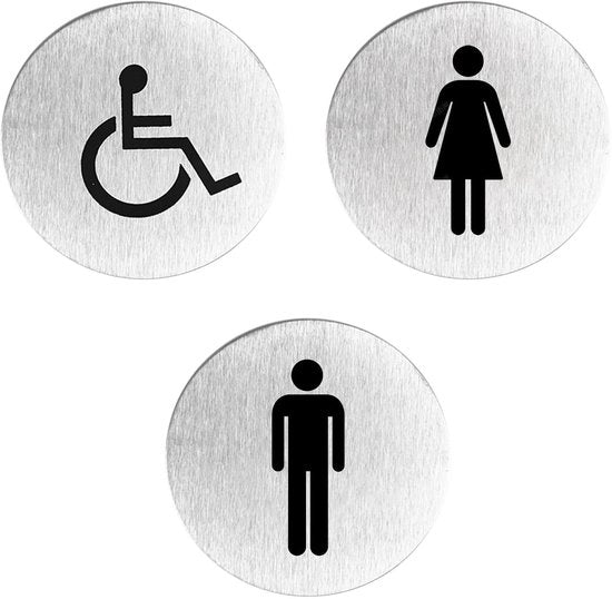 Set di supporti per il water 3 pezzi - Acciaio inossidabile - Autoadesivo - Uomo/Donna - 6,7 x 6,7 cm - Disegno semplice - Etichette per il water