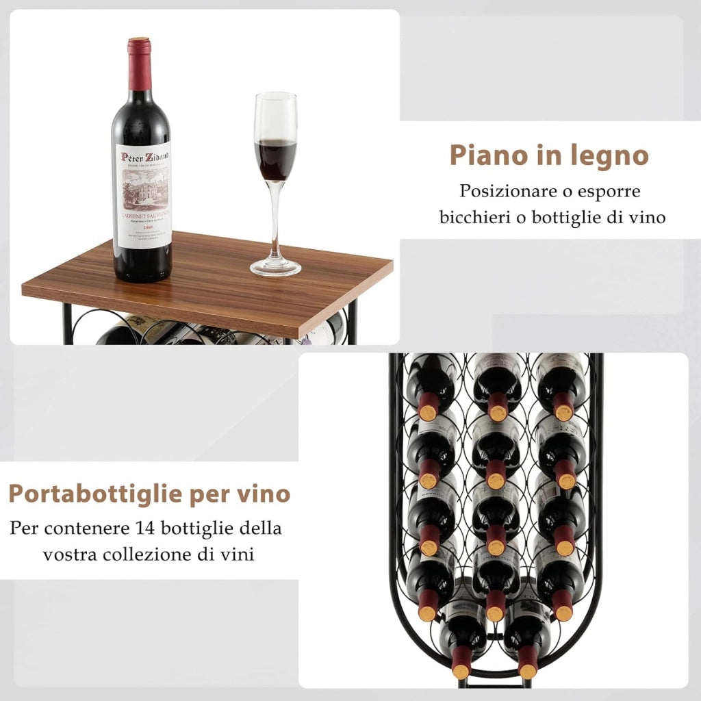 Portabottiglie per Vino con Ruote Staccabili e Bloccabili, Cantinetta Vino Stile Rustico per 14 Bottiglie, con Piano in Legno e Struttura in Metallo, Mobile Bar per Soggiorno e Cucina