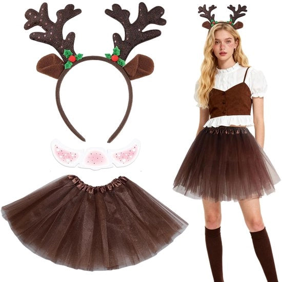 Costume per donna a tre pezzi con coda di cervo per carnevale e Halloween