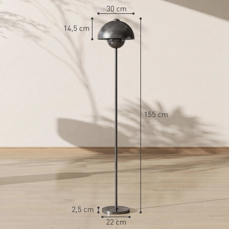 Lampada da terra, paralume rotondo, interruttore a pedale, cavo lungo, aspetto elegante, metallo, grigio