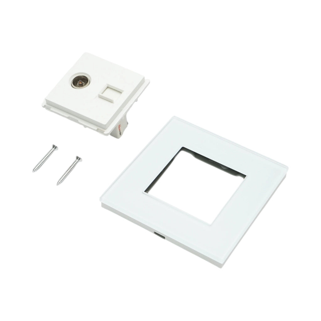 Presa TV + internet CAT5 RJ45, cornice in vetro bianco 86x86mm