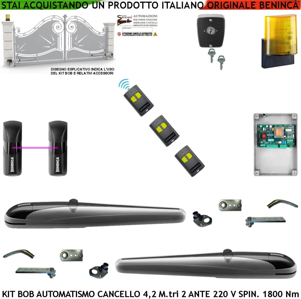 Kit BOB21M Automatismo Cancello 4,2 Metri 2 Ante Motori Vite rullata 230 V Corsa 325 mm Spinta 1800 Nm Sblocco a Chiva Coppia Fotocellule 3 Radiocomandi Lampeggiatore a Led con Antenna Selettore 2 Ck