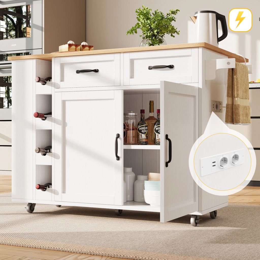 Isola Cucina con Portabottiglie e Presa Elettrica ¨C MINIMAL ¨C Bianco, Legno