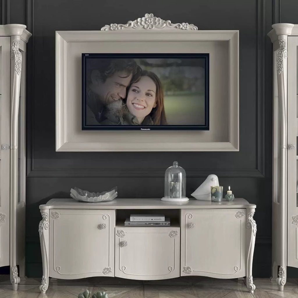 Parete attrezzata in legno shabby chic rilievo bianco opaco - Mobili 2G