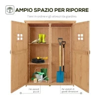 Casetta da Giardino Legno con Porta Doppia, Mensole e Finestre, 127.5x50x164cm