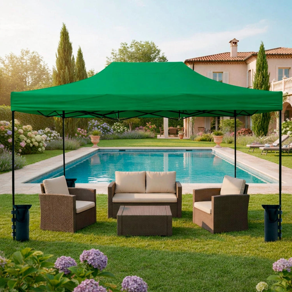 Gazebo Professionale In Acciaio Richiudibile Automatico Con Telo Oxford 1200D PVC Impermeabile E Anti UV Struttura A Fisarmonica Completo Di Sacche Zavorra E Borsa Trasporto Per Sagre Feste Eventi 3x4.5 M Verde