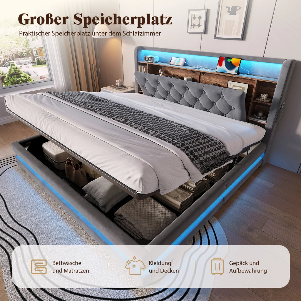 LETTO Contenitore 180x200 cm Velluto Grigio Scuro con testiera multifunzione