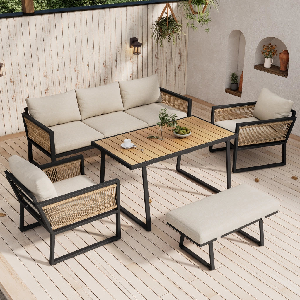 Set Salotto da Giardino 5 Pezzi con Divano, 2 Poltrone, Pouf e Tavolo ¨C MINIMAL ¨C Beige, Acciaio Zincato
