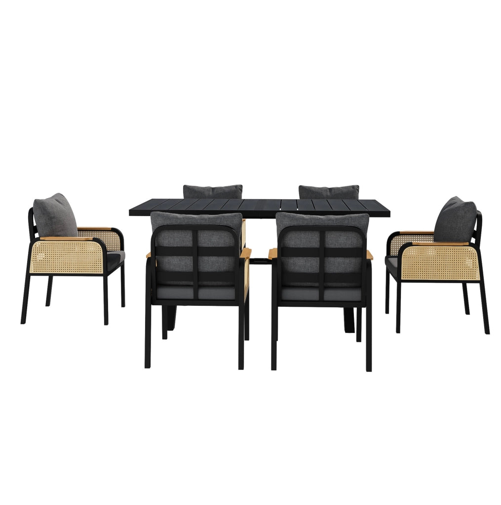 Set da pranzo da giardino per 6 persone con tavolo 148x80x75 cm e sedie in nero e naturale