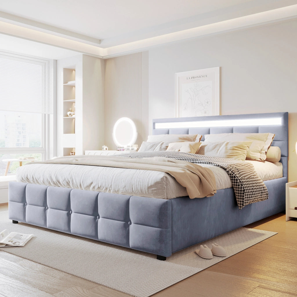 Letto imbottito 180x200 cm con LED e rete a doghe; velluto; grigio