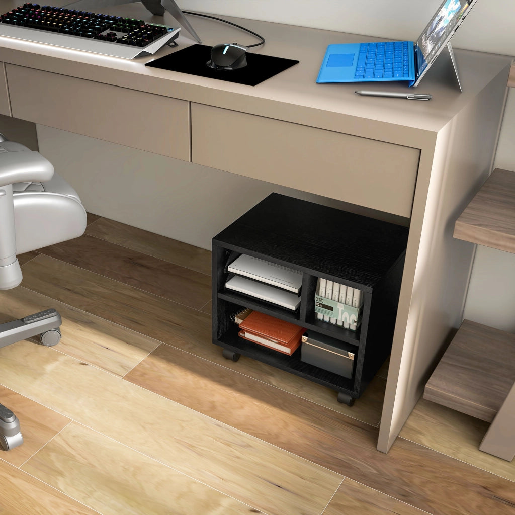 Mobile Porta Stampante a 2 Livelli con 3 Scomparti e Ruote per Ufficio e Studio, 40x30x36cm, Nero