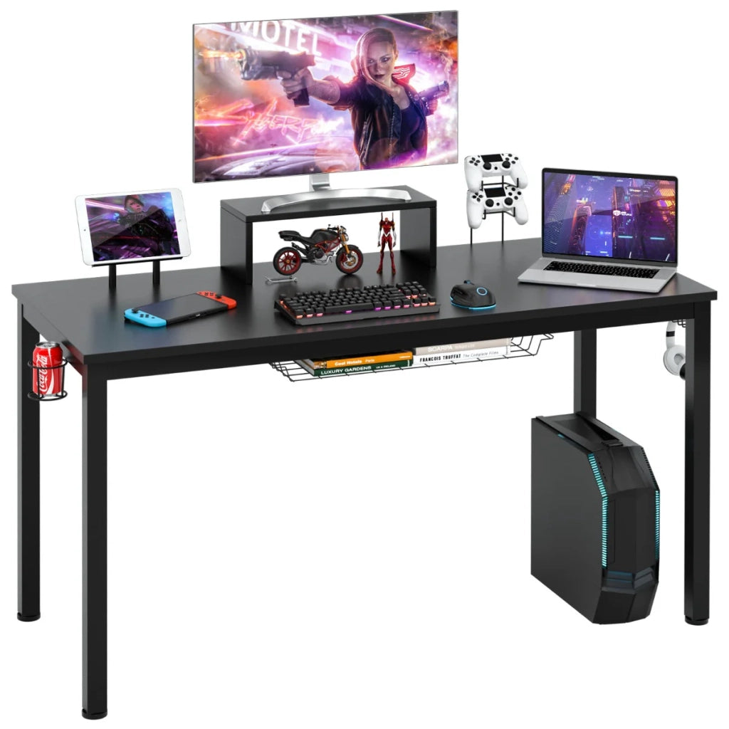 Scrivania ergonomica 140 x 60 x 74 cm con supporto per monitor portabicchieri e gancio per cuffie in MDF nero 20_0020565