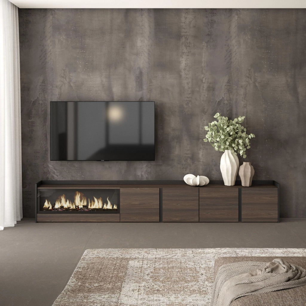 Mobile TV Soggiorno, 315x50x35 cm, Per TV fino a 80", Camino elettrico XXL, Rovere scuro e Nero