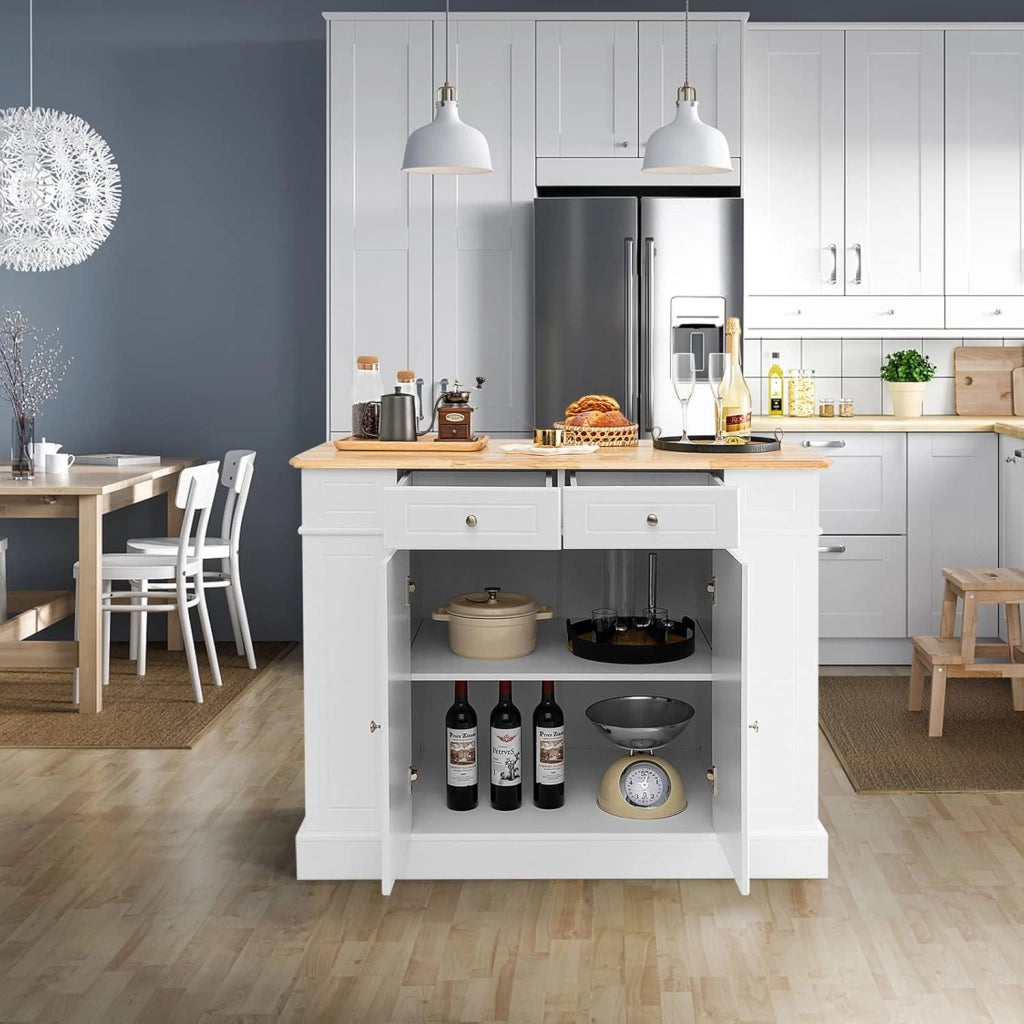 Armadietto da cucina con piano di lavoro espandibile, isola della cucina, in legno, credenza per sala da pranzo, con cassetti, armadio e scaffalatura, 120 x 61 x 92 cm (Bianco)