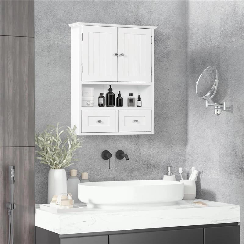 ARMADIETTO PENSILE BAGNO A 2 ANTE CON RIPIANO APERTO E 2 CASSETTI IN LEGNO BIANCO
