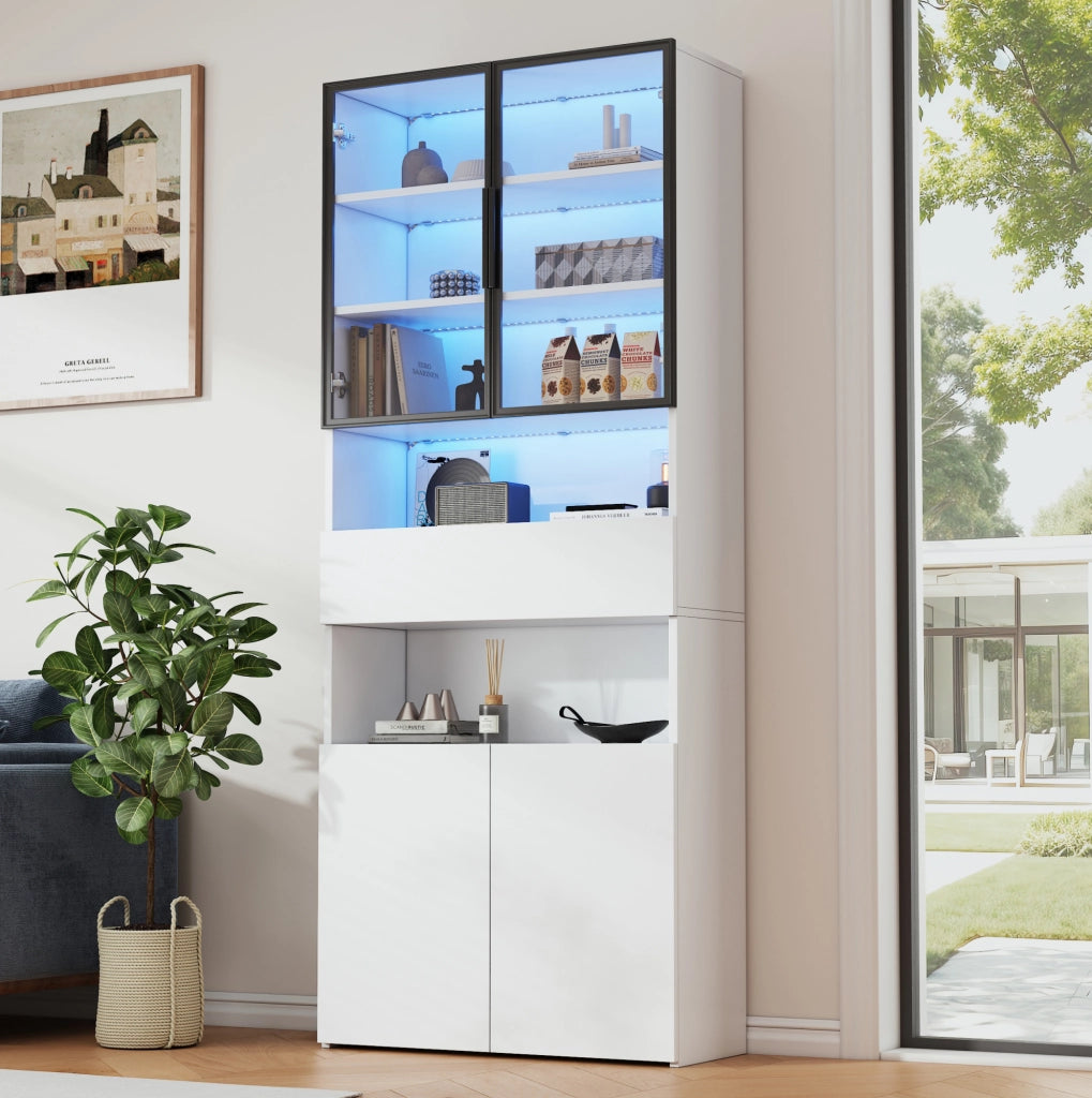 Vetrina alta con LED e ante in vetro; 70 x 30 x 200 cm; bianco