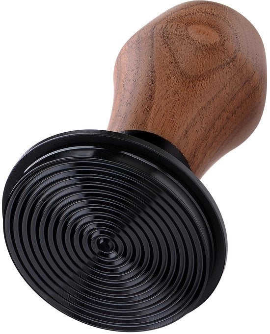Tamper espresso a veerbelasting 58 mm con rivestimento PVD in titanio, base a rilievo, manico in noce americana autentica