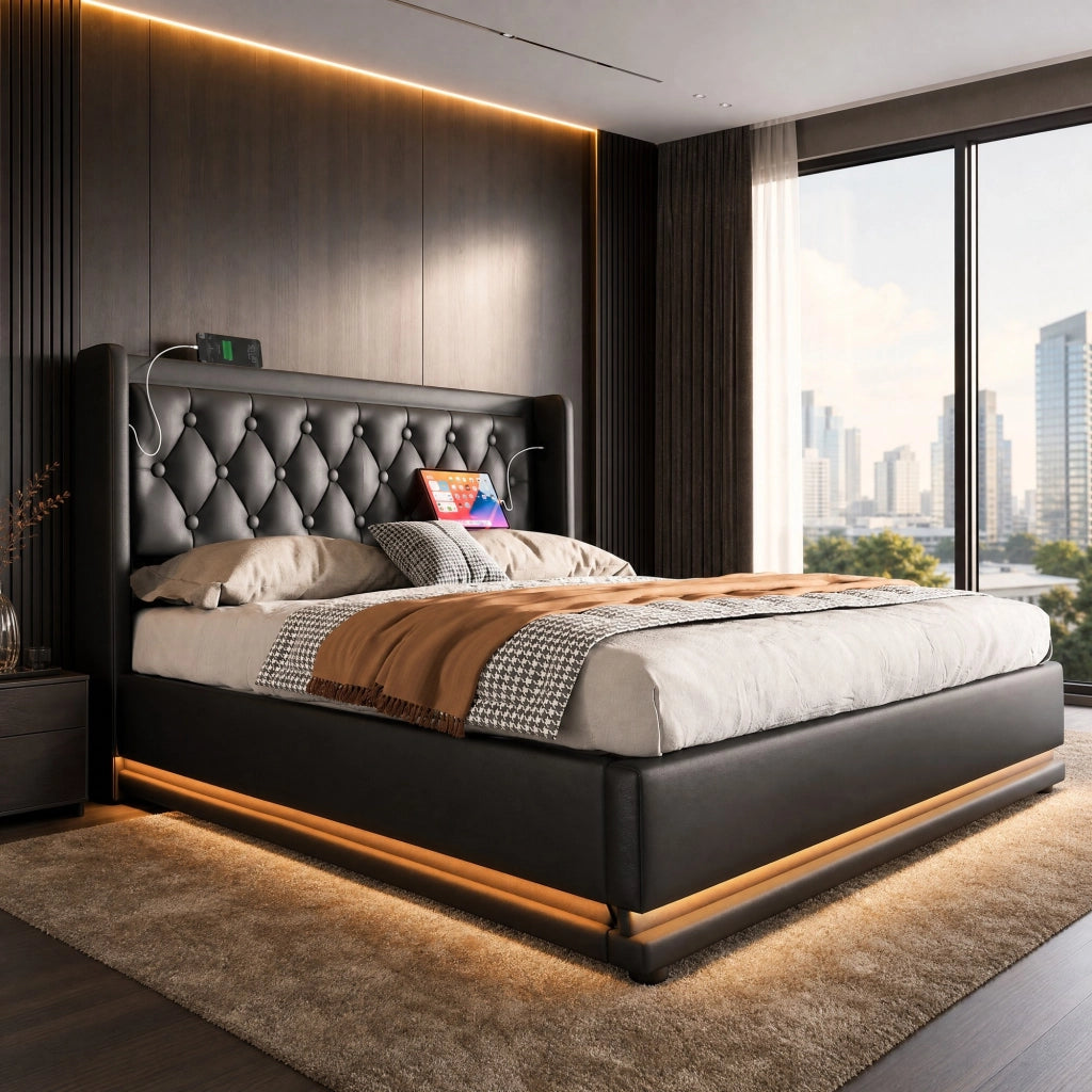 Letto matrimoniale 140x200 cm in PU nero con LED 3 lati, USB Tipo C e contenitore idraulico