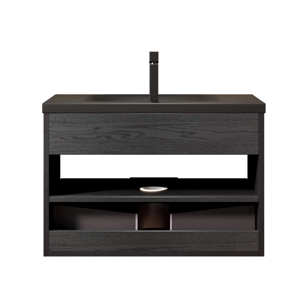 Mobile sottolavabo con lavabo integrato in ceramica, 1 cassetto e 1 vano aperto, per bagno, nero rovere scuro