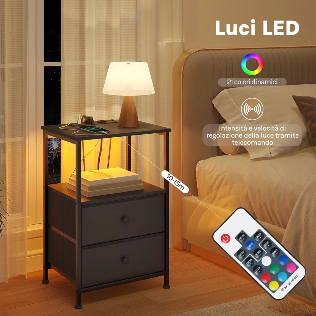 set 2 Comodini con Prese di Corrente, Tavolini con Luce LED, 2 Cassetti in Tessuto e Ripiani Aperti, Comodini Smart Nero, per Soggiorno, Camera da Letto e Ufficio, Metallo + MDF, NTS27sz-2