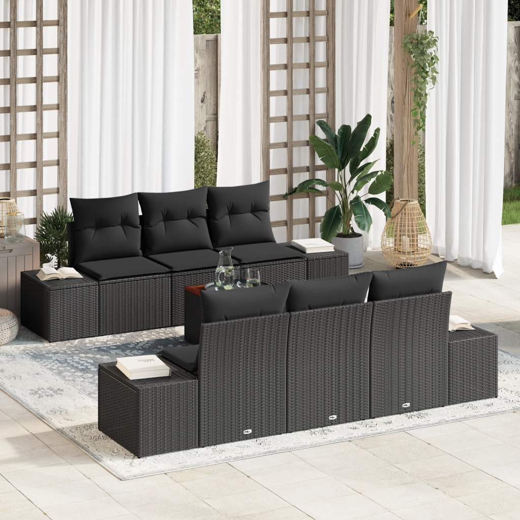 Set di divani da giardino 7 pezzi con cuscini neri in polyrattan