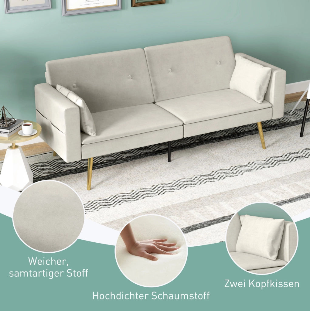 Divano letto imbottito beige con schienale regolabile, tasche laterali e due cuscini confortevoli