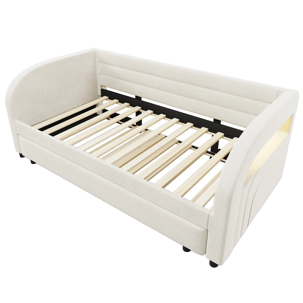 Letto imbottito con letto estraibile e LED ¨C Minimal ¨C Bianco 90x200 cm
