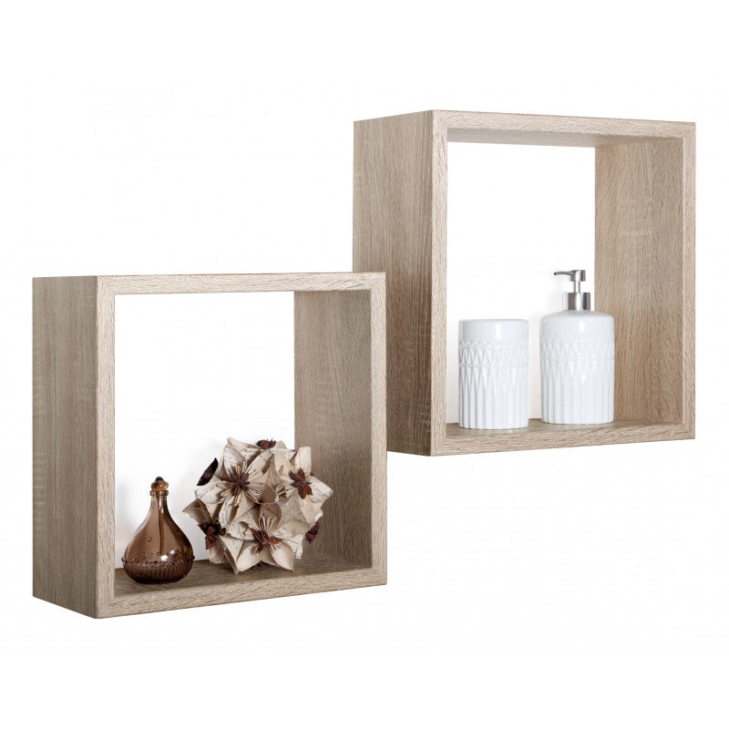 Set di 2 Mensole da Muro, Cubi Arredo, Mensole Cubo, Cubi da Parete, Rovere Sagerau, 35x35 p15,5 cm e 31x31 p15,5 cm - Q-Bis