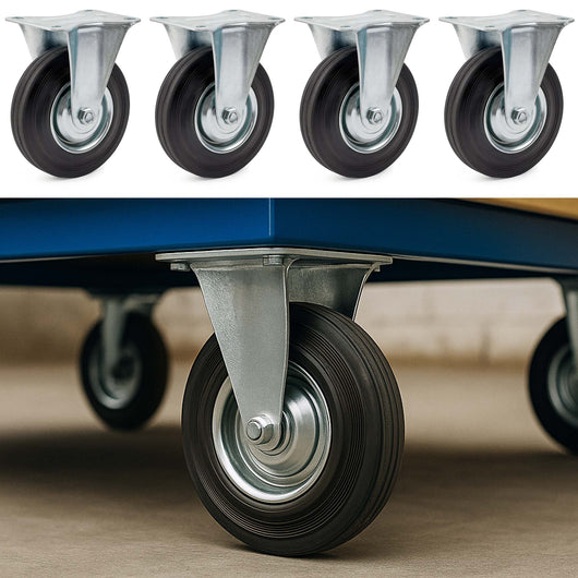 Set 4 ruote fisse in gomma piena 200 mm nucleo in metallo e piastra di fissaggio 150kg/ruota