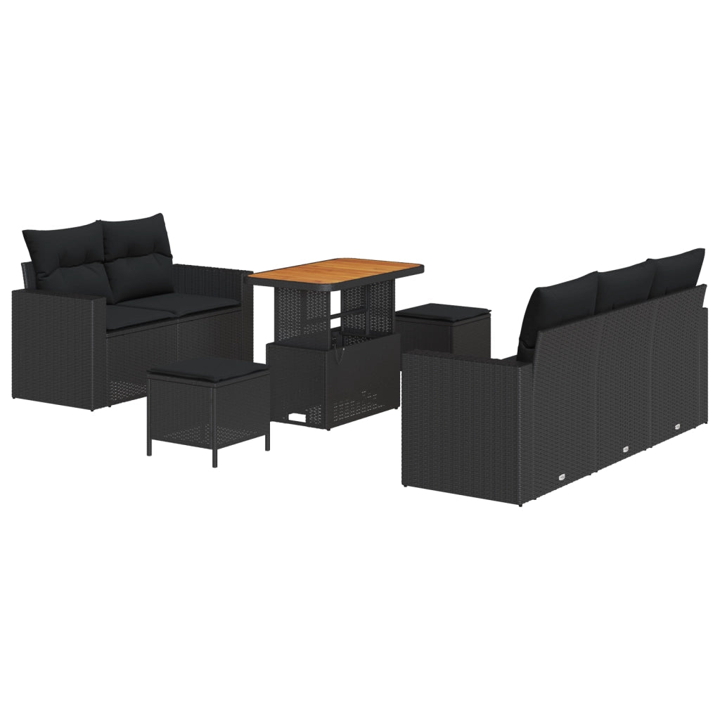 Set di Divano da Giardino  8 Pezzi con Cuscini Nero Polyrattan Acacia