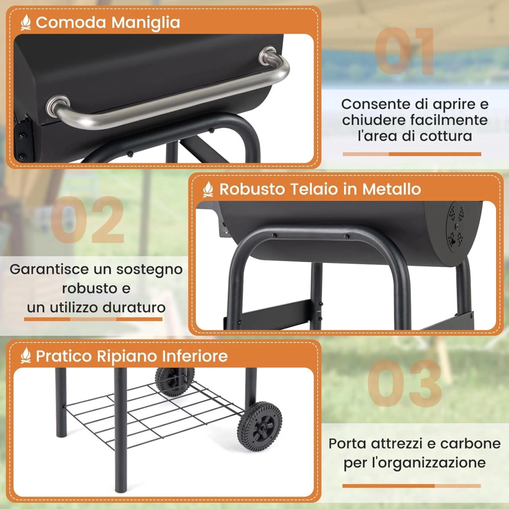 Barbecue a Carbonella con Ruote, Griglia a Carbone da Esterno con Coperchio, Termometro, Tavolo Pieghevole e Manico in Acciaio Inox, Barbecue Portabile per Giardino, Campeggio e Picnic