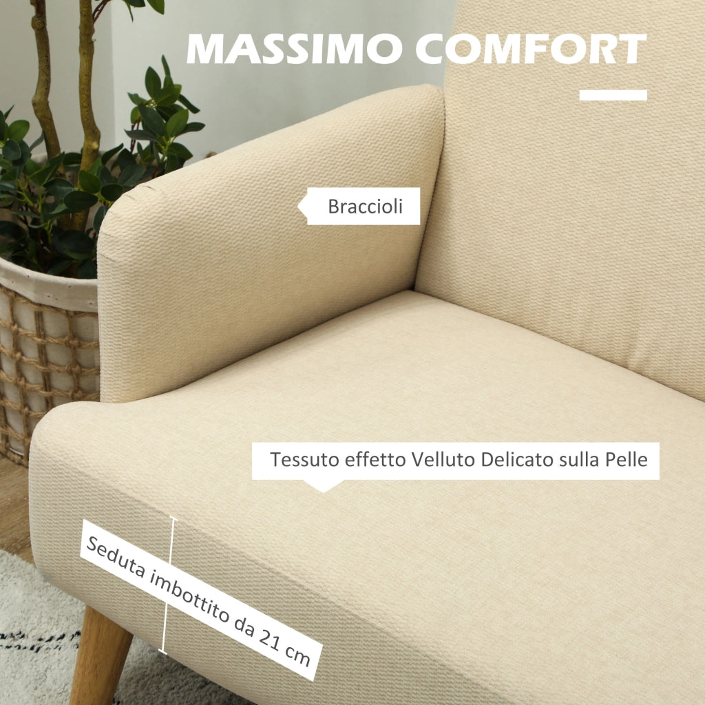 Divano 2 Posti Moderno Effetto Velluto con Imbottitura Spessa, 140x74x79cm, Bianco Crema