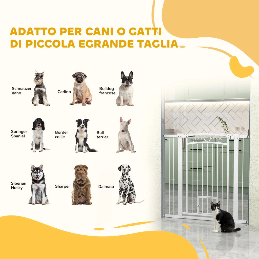Cancelletto di Sicurezza con Estensioni 76-104 cm e Porta per Gatti Bianco