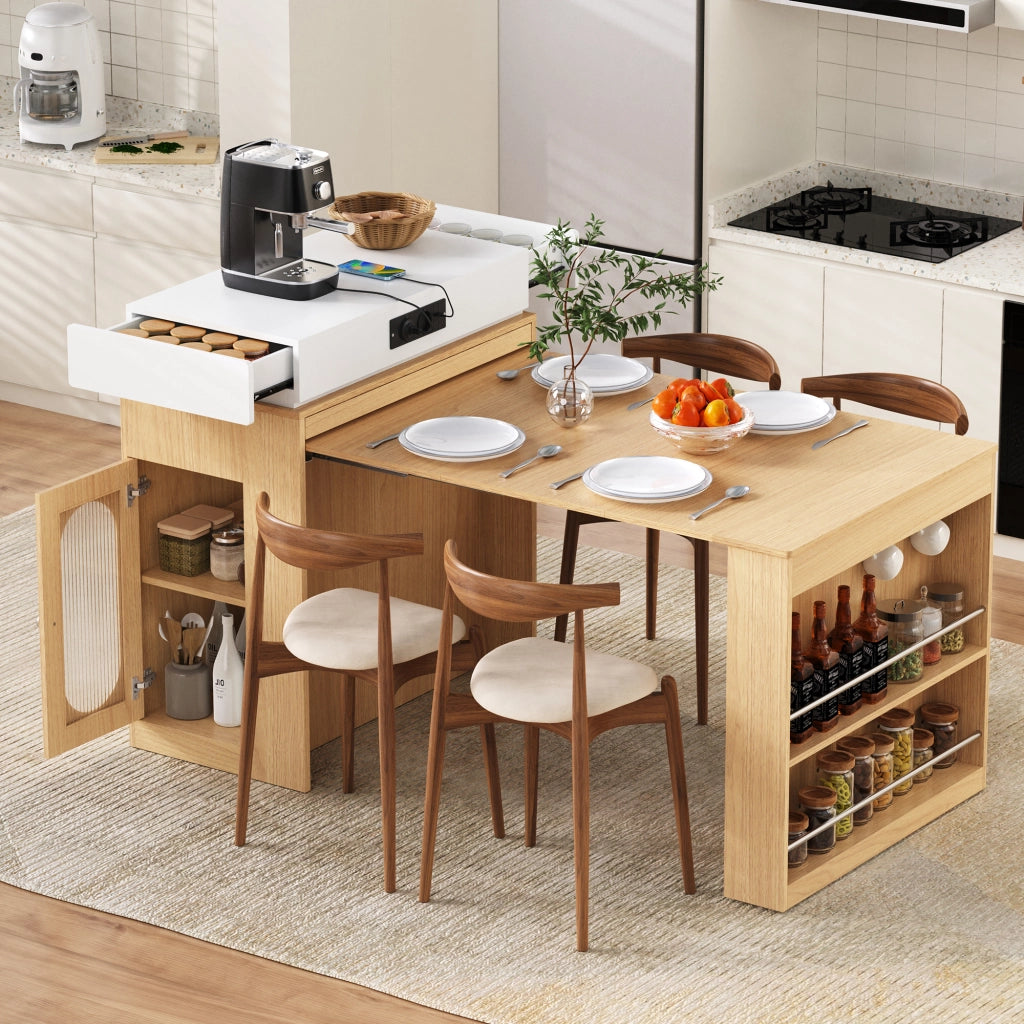 Carrello da Cucina con 1 Cassetto; Ripiani Regolabili; Piano Pieghevole e Prese; in MDF e Vetro; 83x46x96 cm; Naturale