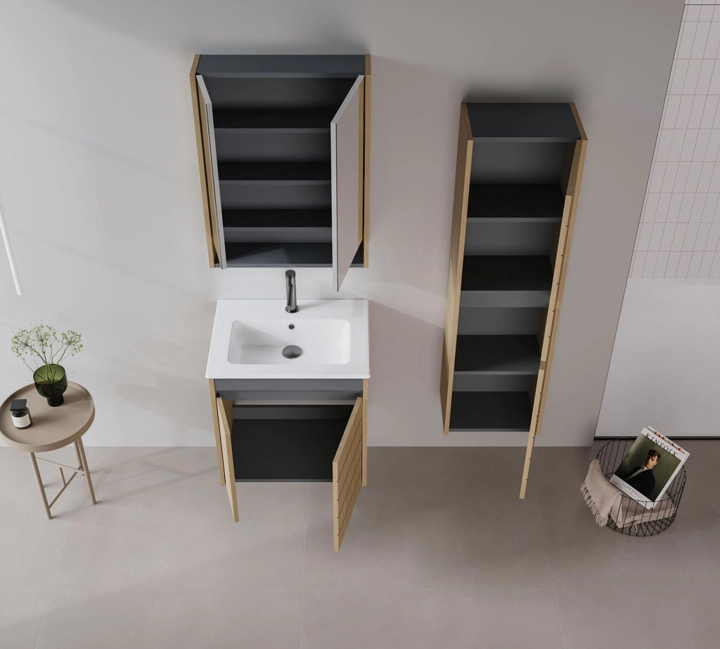 Set mobile lavabo con specchio (2 pezzi) "Ricato 60" - 61 x 47 x 62 cm - Rovere