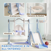 Scivolo per Bambini 4 in 1 con Altalena Canestro Arrampicata 147,5x160x107 cm Azzurro Chiaro