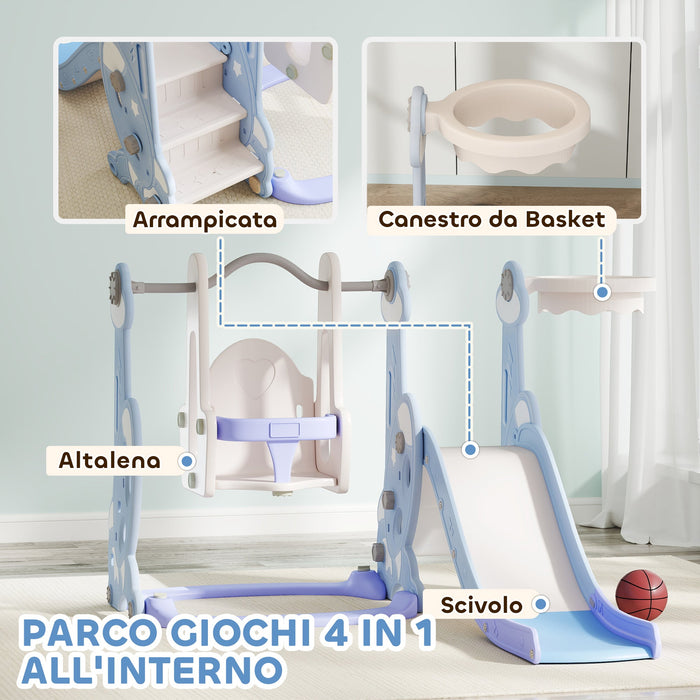 Scivolo per Bambini 4 in 1 con Altalena Canestro Arrampicata 147,5x160x107 cm Azzurro Chiaro