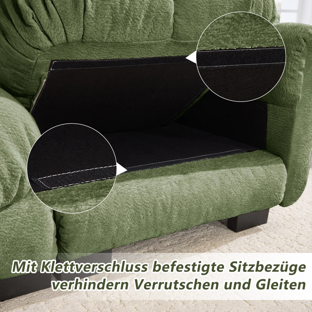 Divano modulare a 3 posti con cuscino mobile e cuciture trapuntate, in ciniglia, verde
